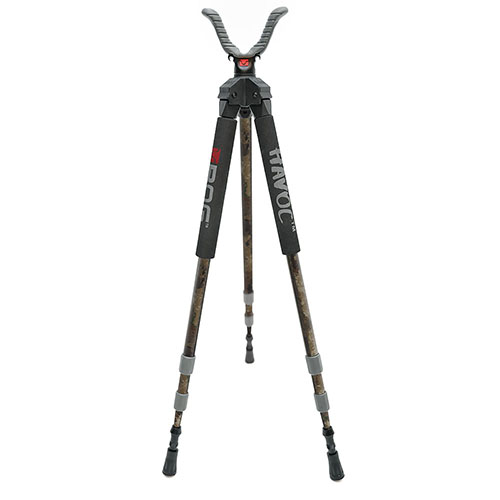 BOG Havoc Shooting Stick Tripod Camo erbjuder stabilt stöd för skytte i en lätt och bärbar design, med snabba twist-style benlås och 360 graders USR shooting yoke.