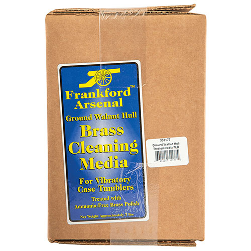 Frankford Arsenal Brass Cleaning Media, behandlat valnötsskal, 7 lbs. i en låda. Bättre rengöring än majs och innehåller redan brass polish för optimal effekt.