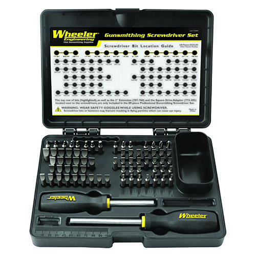 Wheeler Professional Gunsmithing Screwdriver Set har 72 delar med 54 bitar, inklusive specialbitar, perfekt för alla typer av vapen och skruvar.