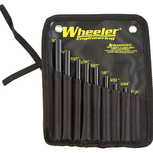 Wheeler Roll Pin Starter Set innehåller 9 st stansar i härdat stål med hemisfärisk spets för exakt inriktning och skydd av både vapen och rullpinnar.