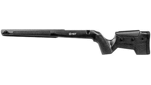 MDT CRBN Kit är lätt och hållbar, med magnesiumchassi för stabilitet, ARCA-skena och M-LOK för tillbehör, perfekt för långa jakter.