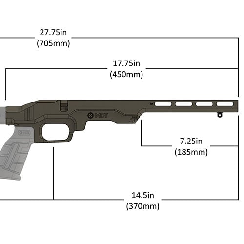MDT LSS-RF Gen 2 Chassis System är lätt och kompakt, designad för 22LR/17 HMR, med M-Lok kompatibel förhand och möjlighet att använda fabriksmagasin.