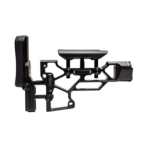 MDT Skeleton Rifle Stock, V5 Short erbjuder verktygsfri justering för optimal komfort och prestanda med justerbar kindstöd och kolvplatta, passar TAC21, LSS-XL och HS3 chassiser.