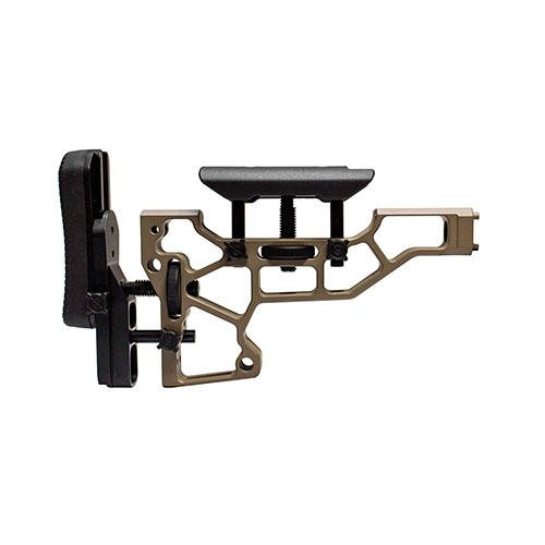 MDT Skeleton Rifle Stock erbjuder verktygsfri justering för optimal komfort och prestanda, med anpassningar för kindstöd och kolv, passar ACC och ESS chassier.