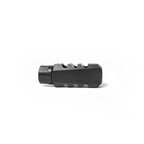 MDT Elite Muzzle Brake erbjuder 66% mindre rekyl, snabbare följdskott och ökad precision, med en strömlinjeformad design och justerbar låsning.