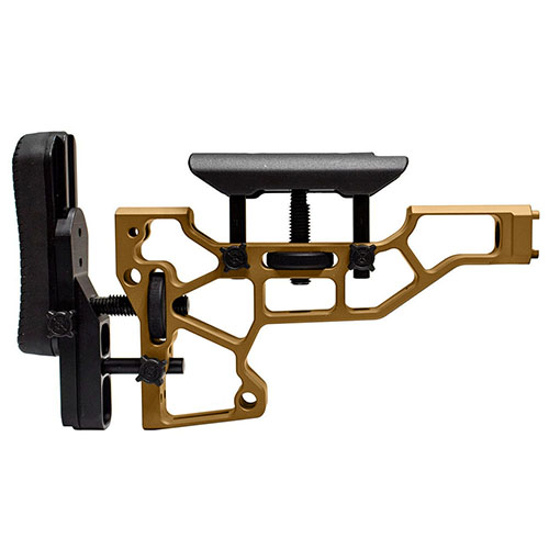 MDT Skeleton Rifle Stock erbjuder verktygsfri justering för optimal komfort och prestanda, med horisontell, vertikal och vinkeljustering för perfekt passform.