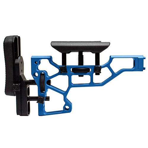 MDT Skeleton Rifle Stock erbjuder verktygsfri justering för optimal komfort och prestanda, med horisontell, vertikal och vinkeljustering för perfekt passform.