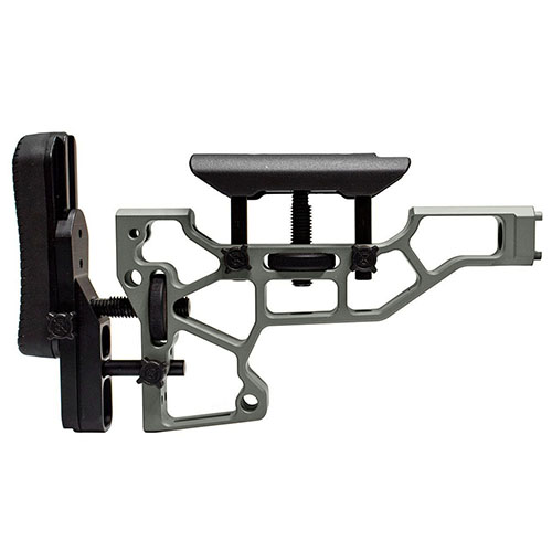 MDT Skeleton Rifle Stock erbjuder verktygsfri justering för optimal komfort och prestanda, med horisontell, vertikal och lutningsjustering för perfekt passform.