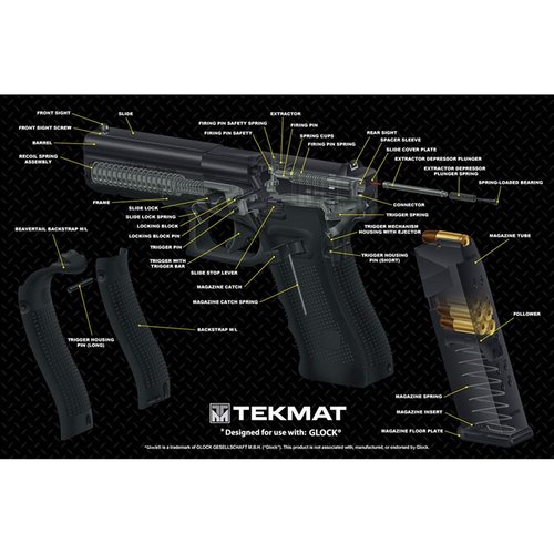 Upptäck GLOCK® 3D Cutaway Mat från TEK MAT! 🛠️ Perfekt för rengöring och reparation av din pistol, skyddar både vapen och arbetsyta.
