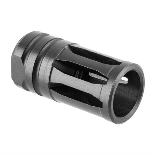 Standard A2 flash hider med 5/8-24 gängor, tillverkad av 4140 stål och med svart oxidfinish, ger effektiv dämpning av flammor och ökar precisionen.