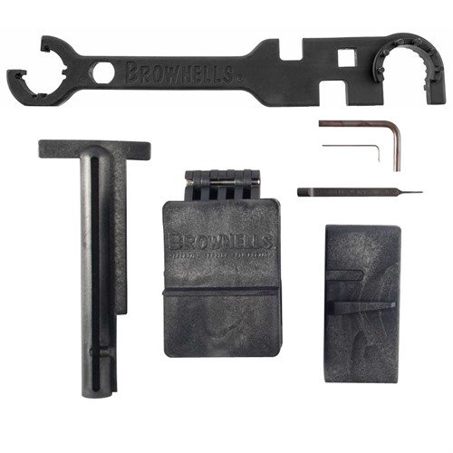 Brownells AR-15/M16 Critical Tools Kit erbjuder nödvändiga verktyg för att bygga och anpassa AR-15, inklusive Armorer's Wrench och stabila block för mottagare.
