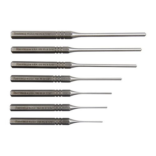 Brownells Premium Roll Pin Punches i härdat kolstål med sfärisk spets för exakt centrering och skonsam hantering av rollpinnar i olika storlekar.