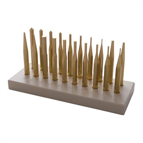 Brownells Brass Punch Set erbjuder 20 precisionstillverkade, icke-märkande mässingspuncher för säker montering av sikten och stift, med organiserad förvaring.