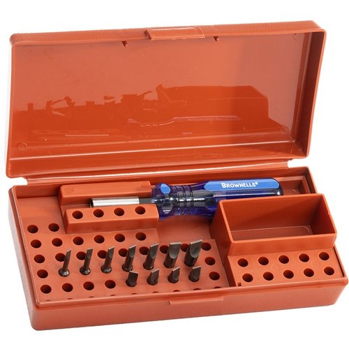 Brownells Standard Magna-Tip® Set erbjuder en omfattande bitutbud, hållbar konstruktion och ergonomiskt handtag för exakt och bekväm vapenvård.