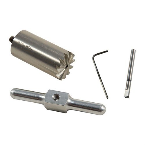 Härdar stål 90° muzzle facing cutter för att jämna ut och reparera mynningar, inkluderar handtag och pilot i en praktisk förpackning. Extra pilots finns att köpa.
