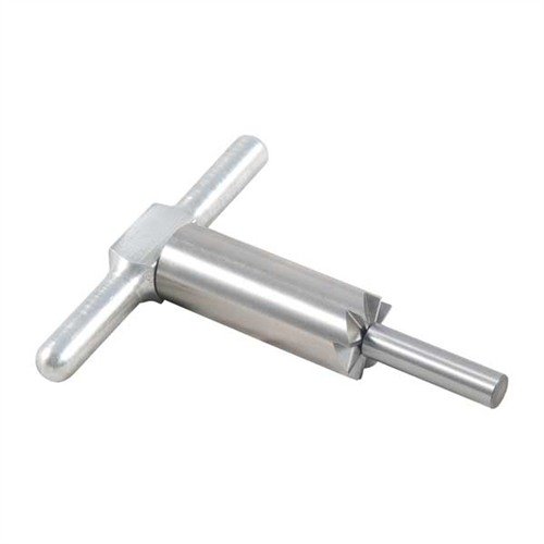 Härdat stål 90° muzzle facing cutter ger en perfekt kvadratisk mynning efter förkortning eller reparation av skador, med utbytbara piloter för olika kalibrar.