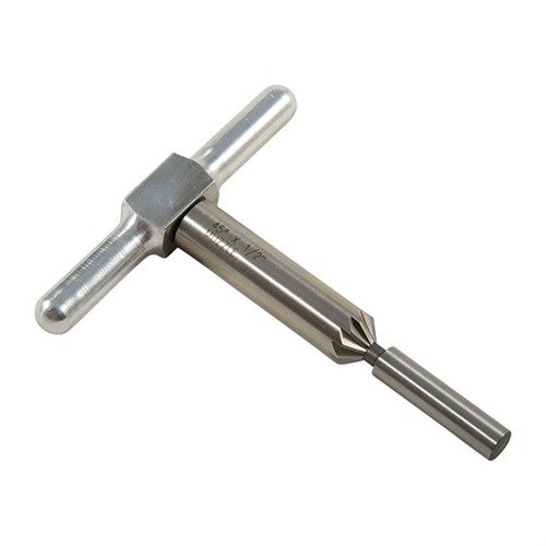 45° chamfering cutter för att bryta skarpa kanter på gevär och pistolmynningar; snabbare fyllning av cylinder på revolvrar. Inkluderar cutter, handtag och pilot.