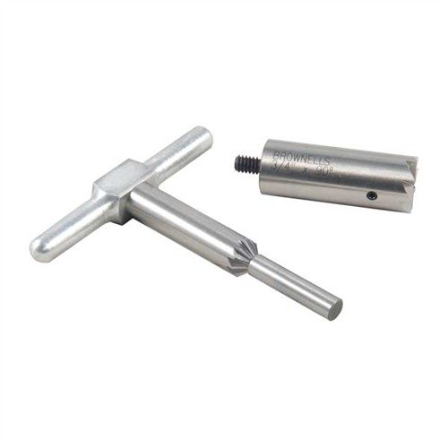 Setet inkluderar en 90° facing cutter och en 45° chamfering cutter för att få en ren och exakt mynning på gevär och pistoler, med justerbar pilot.