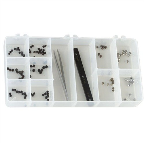 Praktiskt kit med plug screws för att enkelt täcka hål på blanka och rostfria vapen, inklusive tweezers och jig för snabb justering.