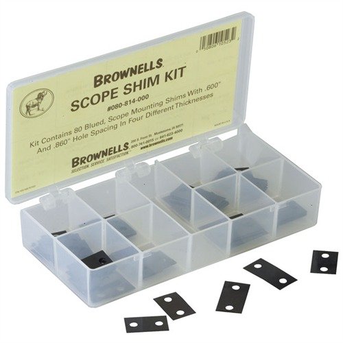SCOPE SHIM KIT från BROWNELLS ger en komplett uppsättning av scope shims i olika storlekar för perfekt justering av scope bas och ringar.