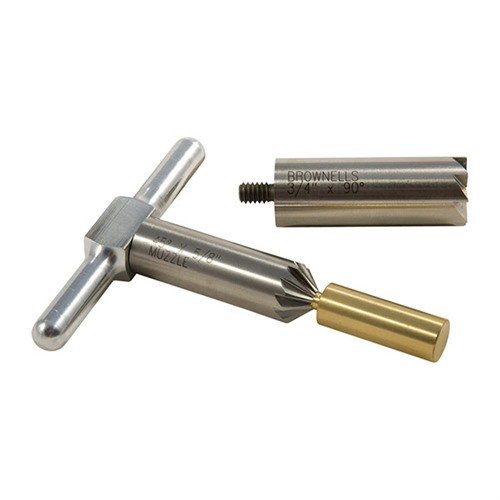 BRASS ONE CALIBER SET gör det enkelt att kvadrera och chamfera mynningar på gevär och pistol med utbytbara piloter för olika kalibrar.