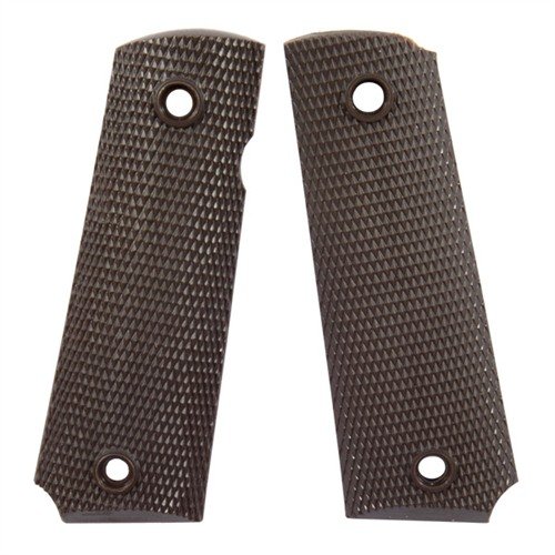 Hållbara 1911 Molded Grips i brunt, tillverkade av 13% glasfyllt Nylon, erbjuder komfort och kontroll med en checkered yta, idealiska för Government och Commander.
