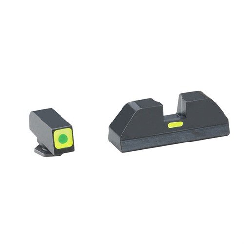 Ameriglo CAP Night Sight Set för Glock erbjuder en ljus Tritium-framsikte med stor grön kontur för snabb målupptäckning och en svart bakre sikte för enkel justering.