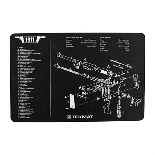 TEKMAT Pistol Gun Cleaning Mat skyddar din pistol under rengöring med en mjuk polyesteröverkant och halkfri neoprenbacking, samt detaljerad partsdiagram.