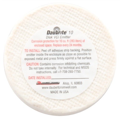 DAUBRITE 10 DISK VCI EMITTER skyddar metaller från fukt och korrosion i upp till 10 kubikfot i 24 månader, perfekt för vapenskåp och verktygslådor.