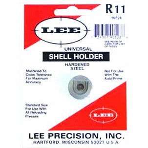 Universal shell holder från LEE Precision passar de flesta reloading presses, men fungerar ej med Lee Auto Prime. Perfekt för effektiv omladdning!