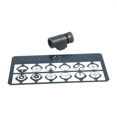 RIFLE GLOBE TUNNEL SIGHT erbjuder 12 utbytbara inserts för optimal sikte, robust stålbyggnad, och perfekt samarbete med Creedmoor baksikten.