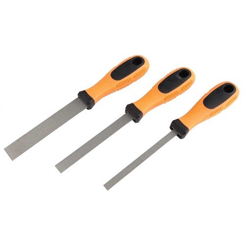 RamRodz Inc. 3-pack av diamond-coated flexibla flat files erbjuder hållbarhet, ergonomiska handtag och varierande storlekar för effektiv filning av metall.