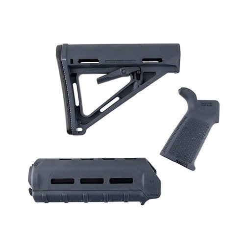 Uppgradera din AR-15 med Magpul MOE Furniture Set, inklusive MOE Mil-Spec stock, MOE carbine förhand och MOE grepp, tillgänglig i flera färger.