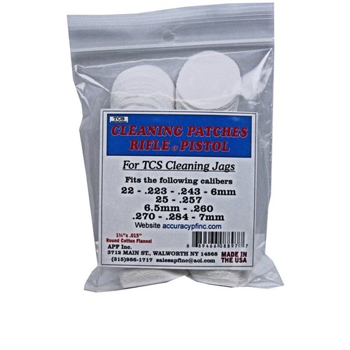 TCS Cleaning Patches är rundade 100% bomullsfilt som passar perfekt med TCS Cleaning Jags för olika kalibrar, vilket ger optimal passform och funktion.