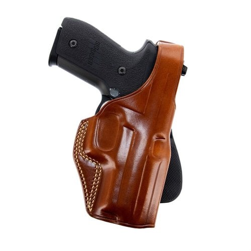 PLE Paddle Holster i premium saddle leather erbjuder säkerhet med thumb break retention strap och enkel montering utan att ta av bältet, passar bälten upp till 1 3/4
