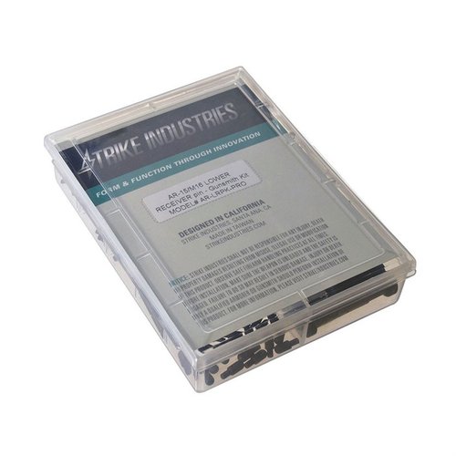 Strike Industries AR-15 Lower Receiver Pin Kit innehåller viktiga delar som takedown och pivot pins, samt hållbara komponenter i matt svart finish.