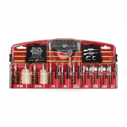 Real Avid Gun Boss Pro Universal Cleaning Kit har allt du behöver för att rengöra vapen i populära kalibrar, inklusive 50 rengöringslappar och en 32-tums rengöringsstav.