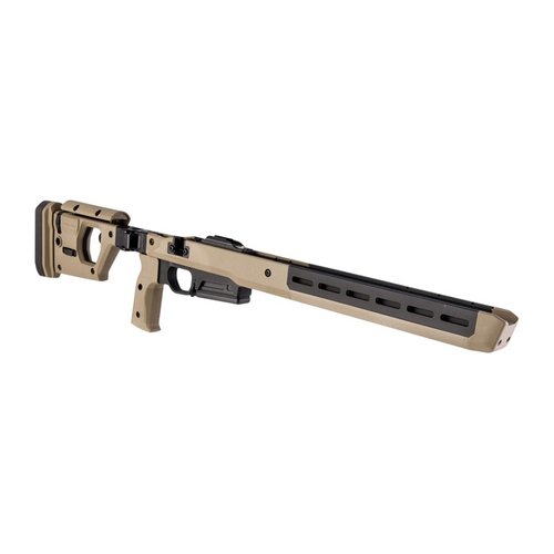 Magpul Pro 700 Chassis erbjuder en helt justerbar plattform med ambidextrös design, M-LOK fästen och en integrerad AICS tidningsmagasin för optimal precision.