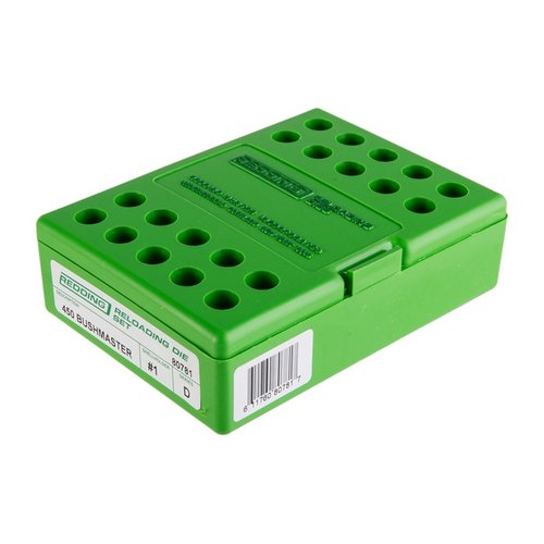 Redding die-set för straight wall-kapslar innehåller tre dies för full längd resizing, neck expansion och korrekt seating av kulor med inbyggd crimp ring.