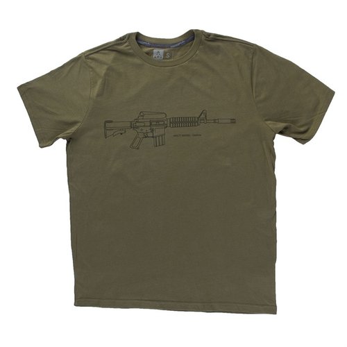 Brownells Retro Carbine T-shirt i 100% ring spun cotton erbjuder en mjuk och bekväm passform med Cut-N-Sew konstruktion, tillgänglig i grönt och brunt.