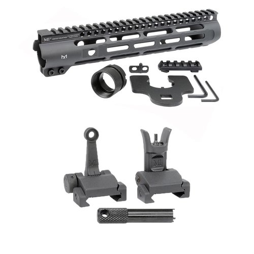 AR-15 Slim Line Handguards med Flip-Up Combat Sights erbjuder M-LOK fästen, Picatinny rail och justerbara sikten för optimal precision och användarvänlighet.