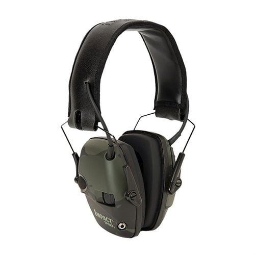 Howard Leight Impact Sport Electronic Earmuffs skyddar hörseln, förstärker samtal och kommandon, blockerar farliga ljud och har en praktisk design för förvaring.