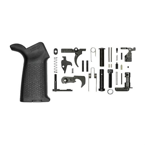 Aero Precision AR-15 M4E1 Lower Parts Kit innehåller en Magpul MOE Grip och alla nödvändiga delar för att bygga en M4E1 lower receiver utan trigger guard.