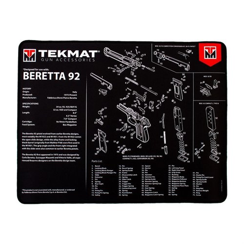 TekMat Ultra 20 Pistol Cleaning Mat är vattentät, reptålig och har detaljerade scheman för enkel demontering och montering av din Beretta 92.
