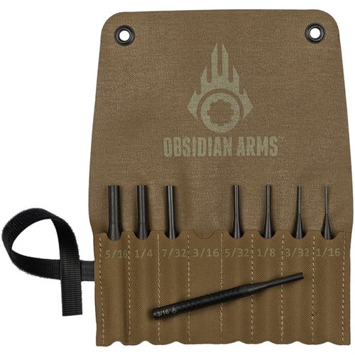 Obsidian Arms 8-delars punchset är kompakt och bärbart, tillverkat av 4140 alloy steel, perfekt för reparationer av moderna vapen med slitstarka och korrosionsskyddade verktyg.
