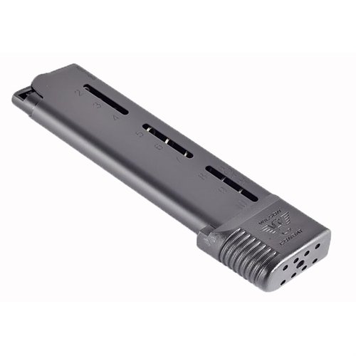 .45ACP ETM magasin med överlägsen pålitlighet, slitstark konstruktion i rostfritt stål och nylon, samt innovativ design för smidig och säker matning.