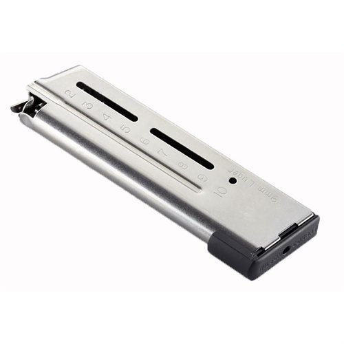 Wilson Combat ETM 9mm 1911 magasin erbjuder pålitlig funktion, enkel laddning och positiv låsning med 9 eller 10 ronders kapacitet i robust stål.