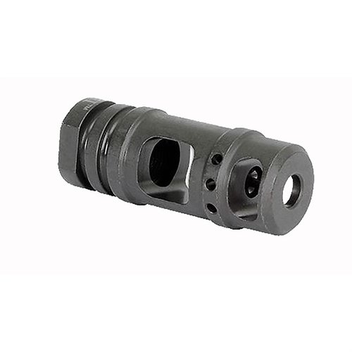 AR-15 tvåkammarmuzzle brake minskar vapnets uppstigning, tillverkad av verktygsstål med fosfatfinish och 1/2-28 gängor, inklusive ny crush washer.