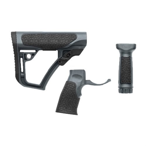 Daniel Defense AR-15 buttstock i Tornado Gray erbjuder hållbarhet med glasförstärkt polymer, komfortabel gummiklädsel och ambidextriska QD fästen.