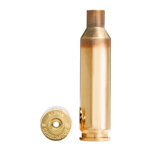 Alpha 6mm Creedmoor brass med OCD-optimerad hylsa för längre livslängd, finns med Large eller Small Rifle primer pockets, 100 st per förpackning.